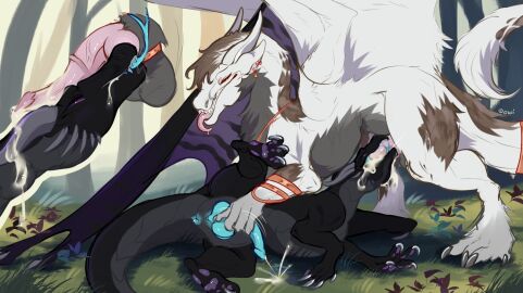 animal_genitalia anus balls black_body blue_anus blue_penis blue_tongue bodily_fluids brown_body claws cum cum_in_mouth cum_inside cum_on_ground detailed_background dragon duo erection fellatio feral feral_on_feral forked_tongue fur furred_dragon furred_scalie genital_fluids genital_slit genitals grass grey_body handjob hi_res horn lying male male/male male_feral mythological_creature mythological_scalie mythology narrowed_eyes non-mammal_balls on_side oral oral_penetration orange_eyes outside outside_sex owishka penetration penile penis penis_in_mouth pink_penis pink_tongue plant purple_body purple_eyes scalie sex sharp_teeth tail teeth tongue tongue_out tree white_body wings