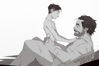 2boys arcane breasts hand_on_breast hand_on_hip implied_sex league_of_legends male male_only mtoartnsfw naked silco_(arcane) sitting_on_lap size_difference staring staring_at_another staring_at_partner vander yaoi