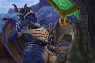 animal_genitalia anthro anthro_on_anthro anthro_penetrated anthro_penetrating anthro_penetrating_anthro blizzard_entertainment blue_body blue_scales bodily_fluids bodily_fluids_in_mouth claws clothed clothing digital_media_(artwork) dracthyr dragon dripping duo erection european_mythology fellatio genital_slit genitals grey_body hand_on_head hi_res horn interspecies lying male male/male male_penetrated male_penetrating male_penetrating_male multicolored_body mythological_creature mythological_scalie mythology on_back oral original_characters partially_clothed penetration penile penis reku_illustration reptile saliva saliva_drip scales scalie sethrak sex slit_(disambiguation) snake snake_hood two-tone_body warcraft western_dragon world_of_warcraft yellow_eyes