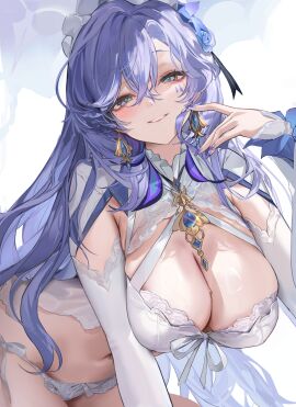 blue_eyes blue_flower blue_hair blue_nails blush bra breasts cantarella_(wuthering_waves) cg cleavage detached_sleeves earrings female fingernails flower hair_between_eyes hair_flower hair_ornament hand_up jewelry large_breasts long_hair long_sleeves looking_at_viewer maid_headdress mole mole_under_eye nail_polish navel panties parted_lips purple_hair simple_background smile solo stomach underwear very_long_hair white_background white_bra white_panties wuthering_waves