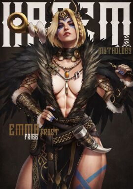 1girls blonde_hair blue_eyes bodypaint bracers breasts cleavage clothed clothed_female clothing emma_frost face_paint face_tattoo female female_focus female_only hunting_horn lipstick loincloth magazine_cover marvel marvel_comics monorirogue necklace necklace_between_breasts non-nude norse_mythology painted_nails winged_helmet