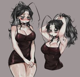 1girls adjusting_hair bags_under_eyes black_hair blank_background breasts choker dress earring embarrassed female female_only grey_eyes large_breasts marblechii original original_character ponytail roach_(marblechii) roach_girl solo tight_clothing
