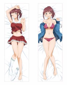 arm_up armpits bare_arms bare_belly bare_legs bare_shoulders bare_thighs barefoot bed_sheet belly_button big_breasts bikini blush breasts brown_eyes cheer-chan_(tawawa) cheerleader_uniform cleavage collarbone dakimakura feet female getsuyoubi_no_tawawa hair_ornament licking_own_lips lying official_art one_eye_closed one_sock open_jacket open_mouth ponytail red_bikini red_hair skirt smile socks thighs toes tongue white_socks