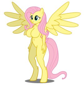 accurate_art_style anthro barbie_doll_anatomy belly_button big_breasts breasts featureless_breasts female flashequestria fluttershy_(mlp) my_little_pony show_accurate_anthro simple_background solo spread_wings unguligrade_anthro