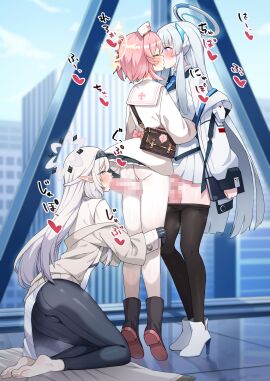 1futa 2girls absurdres barefoot black_hairband black_pantyhose blue_archive blue_sky breasts building censored closed_eyes clothed clothes_pull clothing cloud commentary_request commission day eichan_(eichanidfi) fellatio female fff_threesome futa_on_female futa_with_female futanari grey_halo group_sex hairband halo hat headgear highres himari_(blue_archive) huge_cock human indoors intersex jacket kneeling light-skinned_female light-skinned_futa light_skin long_hair long_sleeves looking_at_another mechanical_halo mosaic_censoring mostly_clothed multiple_females multiple_girls noa_(blue_archive) nurse_cap oral pantyhose pantyhose_pull penis pink_hair pointy_ears purple_eyes serina_(blue_archive) sex short_hair skeb_commission skirt sky soles standing thigh_sex threesome toes white_hair white_halo white_jacket white_pantyhose yellow_halo