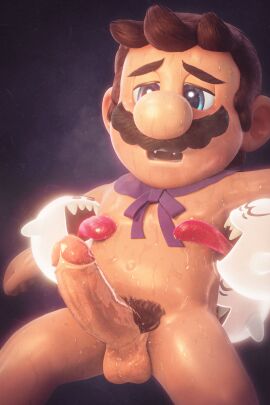 1boy 3d ambiguous_gender boo_(mario) cape erection ghost licking licking_nipples male mar_18_(artist) mario mario_(series) naked naked_male nintendo penis sweat sweating vampire_costume video_game_character