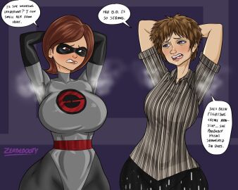 2girls armpit_fetish armpits big_breasts body_odor breasts brown_hair dialogue disney elastigirl elastigirl_(the_incredibles_2_supersuit) evelyn_deavor female helen_parr huge_breasts pixar smelly smelly_armpits steam steaming_body steamy steamy_armpits stink_fumes text the_incredibles the_incredibles_2 zerbebuth