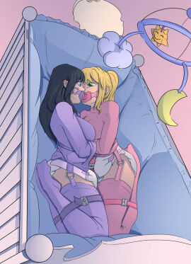 2girls abdl adult_baby bed belt_bondage black_hair blonde_hair blue_eyes bondage bound bound_in_crib breasts bullies cloud crib diaper diapered diapered_lovers eleira0 female garter_belt green_eyes moon original original_character pacifier pacifier_gag restrained restraints sleeping_in_crib sleeping_together sleepover straightjacket straitjacket strap_bondage sun tagme