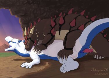 5_toes animal_genitalia belly bite blue_belly blue_body blue_stripes bodily_fluids brown_belly brown_body cave cerulerza claws cloaca cloaca_juice cloacal cloacal_penetration cloacal_penis colored_blood cum cythot_(character) dragon duo evening feet female feral from_behind_position genital_fluids genitals green_eyes hi_res horizontal_cloaca horn leaking_cum looking_pleasured male male/female male_on_top mythological_creature mythological_scalie mythology on_top open_mouth penetration penis pokegontc purple_blood red_spikes scalie seminal_groove sex sharp_teeth spikes spooning stripes tan_belly tan_body teeth toes unusual_blood unusual_bodily_fluids watermark white_body white_claws wingless_dragon yellow_eyes