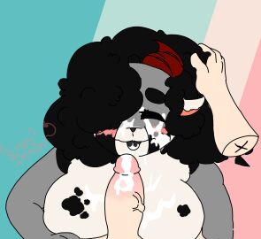 2d 2d_(artwork) blush boobs_out breasts cum cum_drip cum_on_breasts cum_on_face cumshot female female_only flustered furry furry_female furry_with_non-furry huge_breasts human_on_anthro humanoid_hands male moon_(sl33py_demon) original original_character penis red_eyes simple_background simple_coloring sl33py_demon thick_penis tits_out