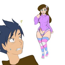 1boy 1dickgirl assimilation balls balls_in_panties before_transformation big_breasts big_penis black_hair braces breasts brown_eyes brown_hair brown_shirt clothed clothing da-fuze dickgirl diggerman drool_on_face erect_penis erection feminization futanari futanari_transformation gender_transformation glasses green_eyes hair_band heart-shaped_pupils human hypnosis identity_death intersex light-skinned_futa light_skin long_hair male mind_control mostly_clothed original_character penis pre-transformation pride_month purple_hairband purple_sweater skull_hair_ornament source_request stockings sweatdrop tan_skinned_male trans_woman transfem transformation transgender transgender_pride_colors transparent_background twinning