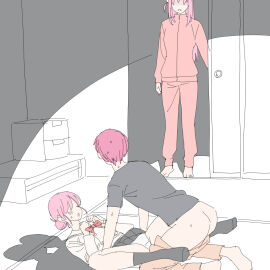1boy 2girls ass awkward blush bocchi_the_rock! caught_in_the_act daughter family female gotou_hitori gotou_michiyo gotou_naoki husband_and_wife imminent_sex jacket male on_back onsen_tamago_(hs_egg) panties partially_clothed pink_hair skirt socks sweat walk-in walking_in_on