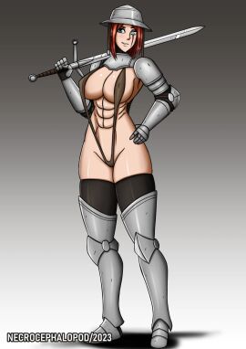 1girls armor cleavage female female_knight female_only knight necrocephalopod revealing_clothes short_hair stockings sword thighhighs