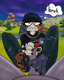 1boy 1girls 3_toes bored bored_expression bored_sex bruh claws disappointed domestic_cat feet female foot_fetish footjob fortnite fortnite:_battle_royale furry lovehatealien male meow_skulls_(fortnite) pawpads penis pov