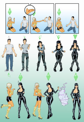 1boy banedearg biker bimbo bimbofication blonde_hair bodysuit breast_expansion breast_growth breast_growth_(enlargement) breasts female gender_transformation hair_color_change hair_growth high_heel_boots high_heels identity_death large_breasts latex_bodysuit lip_expansion lips male mtf_transformation original_character smile the_sims transformation transformation_sequence wide_hips