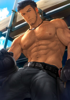 1boy abs arm_hair armpit_hair bara beard_stubble beefy belt big_breasts black_hair breasts bulge bulge_through_clothing chest_hair clothed construction_worker daddy dilf earrings erect_nipples gloves helmet helmet_removed hi_res looking_at_viewer male male_only mature_male middle_aged mondi_xxx morning muscles muscular muscular_arms muscular_legs muscular_male muscular_thighs navel_hair necklace nipples original original_character outdoors pecs range_(mondi_xxx) scaffolding short_hair sideburns six_pack solo sweat sweatdrop sweating sweaty thick_eyebrows thick_neck thick_thighs tight_clothing topless very_high_resolution very_sweaty yaoi