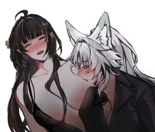 breasts elf_ears feixiao_(honkai:_star_rail) female fox_ears fox_girl honkai:_star_rail lingsha_(honkai:_star_rail) suit yuri