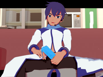 1boy 2022 3d 3d_(artwork) 3d_render alternate_skin_color animasa_(3d_model_style) blue_eyes blue_hair blue_scarf cel_shading clothed couch cum cum_through_clothes dark-skinned_male dark_skin kaito_(vocaloid) kaito_v1 majin_kz male male_only mmd popcicle scarf sitting spread_legs vocaloid vocaloid_1