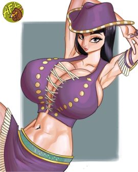 1girls arabasta_saga armpits artfoo_1 bare_arms bare_legs bare_shoulders bare_thighs big_breasts black_hair blue_eyes breasts breasts_bigger_than_head clothed clothing color female female_focus female_only hat hi_res large_breasts light-skinned_female light_skin long_hair looking_at_viewer massive_breasts miss_all_sunday nico_robin one_piece pre-timeskip shounen_jump solo solo_female tagme thick_thighs