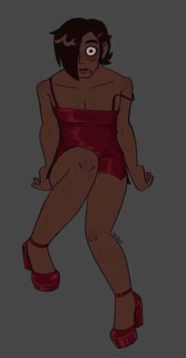 1boy 2d artist_name clothed clothed_male color crossdressing dark-skinned_male dark_skin dress emo full_color hair_over_one_eye hairy_legs hairy_male heels heli0za high_heels makeup male male_only matthew_patel non-nude red_dress scott_pilgrim solo solo_male