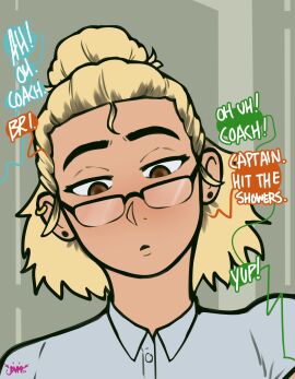 1girls blonde_hair character_request clothed comic comic_page copyright_request dumpsite english_text female fit fit_female glasses