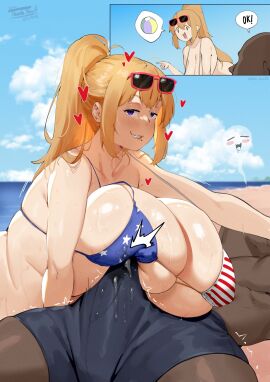 1boy 1girls 2koma alissa_(boobydoody64) american_flag_bikini beach bikini biting_lip blonde_hair blue_eyes blue_sky blush breasts cum cum_through_clothes dark-skinned_male dark_skin erect_penis erection erection_under_clothes female heart huge_breasts light-skinned_female light_skin lulu-chan92 male original outdoors penis ponytail sky sunglasses sunglasses_on_head swimsuit