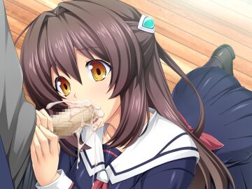 1boy brown_eyes brown_hair censored cum cum_in_mouth cum_overflow dress fellatio female game_cg hair_between_eyes hair_intakes hair_ornament half_updo inoino katsuragi_marina kneeling kouyoku_senki_exs-tia long_hair male mosaic_censoring non-web_source official_art oral penis pleated_skirt sailor_collar sailor_dress school_uniform serafuku skirt solo_focus straight variant_set white_sailor_collar wooden_floor yellow_eyes