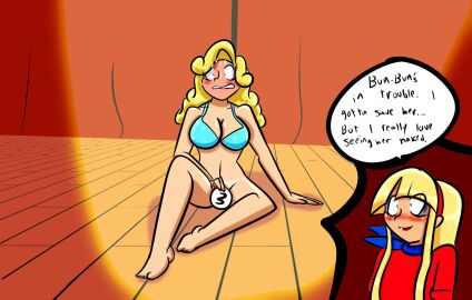 2girls aqua_bikini aqua_bikini_top bikini_top blonde_hair bottomless breasts brittney_(revrookington) covering dress embarrassed female hairband lipstick long_hair navel red_dress revrookington short_sleeves stage tagme tiffany_(revrookington)