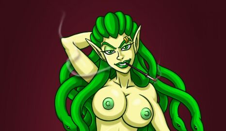 2016 cigarette cigarette_holder commission digital_media_(artwork) dungeons_and_denizens eyebrow_piercing goldenyak gorgon green_eyes green_skin mythological_creature mythology piercing piercings smoking snake_hair uncensored zerelda_the_gorgon