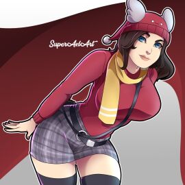beanie belt big_breasts blue_eyes breasts brown_hair christmas_hat female fortnite fortnite:_battle_royale grey_skirt painted_nails red_hat red_sweater scarf skirt skye_(fortnite) superaxlart sweater thick_thighs thigh_high_boots thighhighs winter_wonder_skye_(fortnite) yellow_scarf