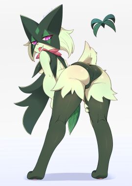 2024 anthro arched_back ass bent_over bent_over_with_legs_held_straight big_butt breasts camel_toe cameltoe clothed clothed_anthro clothed_female clothing felid female fingers fur generation_9_pokemon green_body green_clothing green_fur green_panties green_underwear gusset hi_res lolobot looking_at_viewer looking_back looking_back_at_viewer mammal medium_breasts meowscarada nintendo panties panties_only partially_clothed partially_clothed_anthro partially_clothed_female pokemon pokemon_(species) purple_eyes pussy rear_view short_tail simple_background solo standing tail teeth thick_thighs tongue tongue_out topless underwear underwear_only white_background