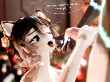 3d_(artwork) accessory anthro black_hair blue_claws blue_markings blurred_background bodily_fluids chromatic_aberration claws cum cum_in_hair cum_on_face cum_on_tongue cum_string cumshot cumshot_on_face dark_hair dark_markings digital_media_(artwork) domestic_cat duo ear_jewelry ejaculation english_text felid feline felis femboy femboy/femboy fur genital_fluids genitals glowing glowing_claws glowing_markings grey_body grey_fur hair hair_accessory hairpin hand_on_face hand_on_penis hi_res holding_face holding_penis jewelry low_poly male male/male mammal markings max_(pestbudmax) one_eye_closed open_mouth penis pestbudmax rudy_(katsucoffee) speech_bubble steam stitch_(sewing) stroking_penis text tongue tongue_out white_body white_fur