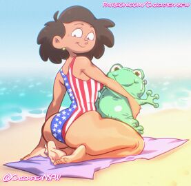 1girls 2024 2d 4th_of_july american_flag_bikini american_flag_print amphibia artist_name asian asian_female ass barefoot beach big_ass big_butt brown_hair chickpea color colored dark-skinned_female dark_skin digital_drawing_(artwork) earrings feet female female_only huge_ass huge_butt kneeling looking_back milf mrs._boonchuy ocean on_knees one-piece_swimsuit oum_boonchuy rear_view sfw signature smile soles solo swimsuit text toes towel