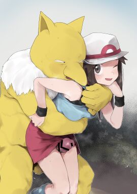 1boy absurdres bar_censor brown_eyes brown_hair censored commentary_request female hand_on_another's_wrist hand_up hat highres hug hug_from_behind hypno interspecies leaf_(pokemon) male mochimochi_momo one_eye_closed open_mouth penis pokemon pokemon_(creature) pokemon_frlg pokephilia red_skirt shirt skirt sleeveless sleeveless_shirt smile socks textless_version thigh_sex white_hat wristband