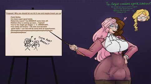 1futa 1girls 2024 balls balls_bulge big_balls big_breasts big_penis blonde_hair breasts brown_hair bulge chibi_inset clothed clothing dialogue english_text female flaccid fully_clothed futa_focus futanari glasses glynda_goodwitch human humor intersex jakearmorsmith light-skinned_female light-skinned_futa light_skin multicolored_hair neo_(rwby) offscreen_character penis pink_hair rwby solo standing suit text thick_thighs wide_hips