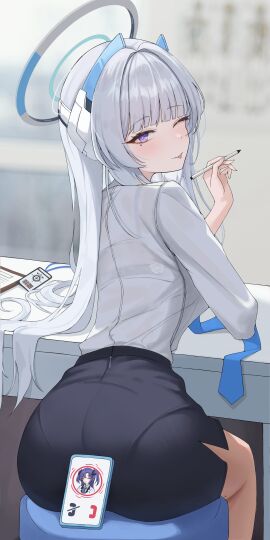 1girls ;p absurdres alternate_costume ass barcode black_bra black_skirt blue_archive blue_necktie blurry blurry_background blush bra bra_visible_through_clothes cellphone cellphone_photo commentary_request eyelashes female flower grey_hair hair_flowing_over hair_spread_out halo headgear highres holding holding_pen id_card lanyard long_eyelashes long_hair looking_at_viewer looking_back mole mole_under_eye necktie noa_(blue_archive) one_eye_closed pantylines pen phone purple_eyes see-through_clothes shirt shirt_tucked_in sitting skirt smile solo taboo_(selfmadeappler) tongue tongue_out underwear very_long_hair white_flower white_shirt yuuka_(blue_archive)