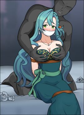 1boy 1girls alternate_costume aqua_hair arms_behind_back bare_arms bare_shoulders bed blue_hair blush bondage bound bound_arms bound_legs braid breast_grab breasts captured chloe_(fire_emblem) cleavage cloth_gag collarbone deep_skin double_breast_grab dress embarrassed female female_focus femsub fire_emblem fire_emblem_engage flower frown gag green_eyes groping improvised_gag just_some_guy long_hair male maledom medium_breasts molestation necklace nintendo official_alternate_costume on_bed restrained rope rose shoulders sitting sleeveless solo_focus strapless_dress very_long_hair