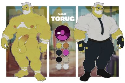 abs balls beard deltoids english_text erection eugenemironov17 eyebrows eyewear facial_hair genitals green_body green_skin hair larger_male male male_focus model_sheet moustache muscular muscular_male nipples orc orc_male pecs penis size_difference solo solo_male sunglasses thick_penis torug_(pupblueslut) white_hair