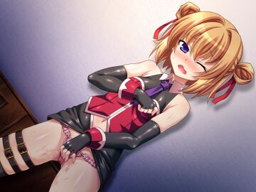 aoi_masami bare_shoulders belt belt_buckle black_gloves black_skirt black_thighhighs blonde_hair blush breasts brown_hair buckle clothed_masturbation clothes_lift clothing_cutout cowboy_shot double_bun dutch_angle elbow_gloves female female_masturbation fingering fingering_through_clothes fingering_through_panties fingerless_gloves frilled_panties frills game_cg gloves grabbing_own_breast hair_between_eyes hair_bun hair_intakes hair_ribbon indoors large_variant_set looking_at_viewer masturbation miniskirt navel navel_cutout necktie nina_wang_rockford non-web_source nose_blush official_art one_eye_closed open_mouth panties pencil_skirt pink_panties purple_eyes purple_necktie pussy_juice red_ribbon ribbon shiny_clothes shiny_skin short_hair short_necktie skirt skirt_lift sleeveless small_breasts solo standing standing_masturbation sweat thigh_belt thigh_strap thighhighs through_clothes ts_magical_girl_nao underwear variant_set wavy_mouth wet wet_clothes wet_panties wince wrist_cuffs