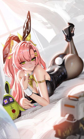 1girls alternate_costume animal_ears aqua_nails armlet ass bare_shoulders bed black_leotard black_pantyhose blush breasts bunny_ears bunny_girl bunny_tail bunnysuit closed_mouth colored_nails crossed_legs fake_animal_ears female female_only fishnet_pantyhose fishnets full_body green_eyes green_nails hair_ornament hi_res high_heels hoyoverse jewelry large_breasts laying_down laying_on_bed leotard liang_xing long_hair looking_at_viewer lying lying_on_bed mole mole_under_eye nail_polish nicole_demara on_bed on_stomach painted_nails pantyhose pink_hair playboy_bunny purple_nails rabbit_ears smile solo tagme wrist_cuffs yellow_nails zenless_zone_zero