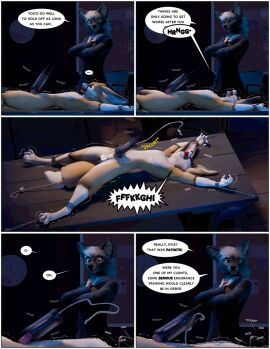 2024 3d animal_genitalia animal_penis anthro ash_(ruaidri) ball_gag bodily_fluids bondage bound canid canine canine_genitalia canine_penis canis chained chains clock clothed clothing comic cum cumshot detailed_background dialogue duo ejaculation english_text erection fennec_fox fox fur furniture gag gagged genital_fluids genitals hands_tied knot kyle_(ruaidri) legs_tied lying male mammal necktie nude on_back orgasm penile penis penis_milking penis_milking_machine ruaidri speech_bubble suit table tail tail_tied text true_fox wolf