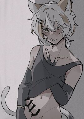 1boy bedroom_eyes blush cat_boy cat_ears cat_tail catboy erection femboy gloves hairclip mr_chicken_nuggets_(vtuber) multicolored_hair niai_ani penis seductive sleeve_gloves slutty_face solo_focus tank_top twink vtuber white_hair yellow_hair