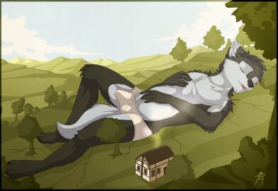 2016 absurd_res anthro banryu building canid canine canis clothing colored erection gothwolf hi_res house landscape macro male mammal mountain mountain_range plant sky sleeping smoke solo tree underwear wolf