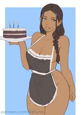 1girls aged_up apron apron_only avatar_legends avatar_the_last_airbender bedroom_eyes big_breasts birthday_cake blue_eyes braid breasts brown_hair cake cleavage curvy dark-skinned_female dark_skin female female_only happy_birthday holding_cake holding_object kalruna katara long_hair looking_at_viewer milf naked_apron seducing_viewer single_braid smile solo standing thick_thighs water_tribe
