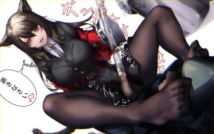 animal_ears arknights belt black_necktie black_pantyhose breasts brown_hair cat_ears cat_girl cat_tail censored eichi_(yashokuya) feet_on_another's_face femdom highres jacket large_breasts mosaic_censoring necktie open_mouth pantyhose pencil_skirt pleated_skirt red_jacket skirt skyfire_(arknights) slit_pupils tail thick_thighs thighs vacuum_cleaner white_background