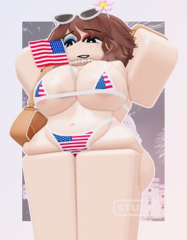 1girls 3d 4th_of_july american_flag_bikini artist_name ass big_ass big_breasts big_thighs bikini breasts brown_hair busty darby_lockhart eyeshadow female hd milf miss_innocence mommy necklace office_lady original_character posing posing_for_the_viewer poster roblox robloxian smile studsxxx sunflower sunglasses twitter_username watermark wristwatch