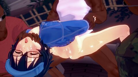 anal arm_grab black_hair blush bottomless closed_eyes clothed_sex cum cum_on_body cum_on_face dark-skinned_male dark_skin facial gay glasses group interracial jacket koikatsu luni_(lunime) lunime male multiple_boys multiple_males open_mouth outdoors partially_clothed sex sunglasses tank_top tongue tongue_out visor voyeur yaoi