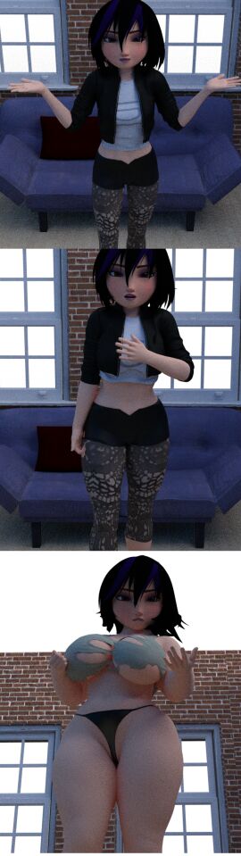 1girls 3d 3d_(artwork) asian asian_female big_breasts big_hero_6 black_underwear breasts female female_focus giantess gogo_tomago growing growth growth_sequence larger_female looking_at_viewer looking_down_at_viewer marvel marvel_comics mithrawnurudo pov ripped_clothing smaller_female torn_clothes torn_clothing underwear