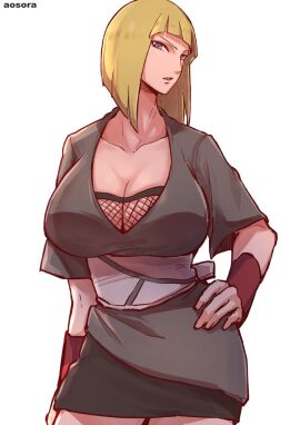 aosora2823 blonde_hair blue_eyes breasts cleavage collarbone dress female fishnet_top fishnets grey_dress hand_on_own_hip highres huge_breasts looking_at_viewer medium_hair naruto naruto_(series) naruto_shippuuden narutosamuicommentary_request open_mouth samui solo standing white_background