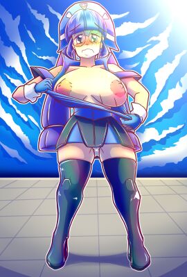 1girls 90s anime anxious breasts clothing clouds corset exposed_breasts female gloves gluko looking_at_viewer mon_colle_knights nipples nude purple_hair ripped_clothing ripping_clothing skirt sky thigh_highs